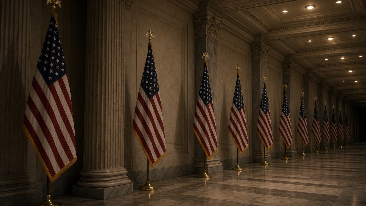 United States flags in a formal federal government building