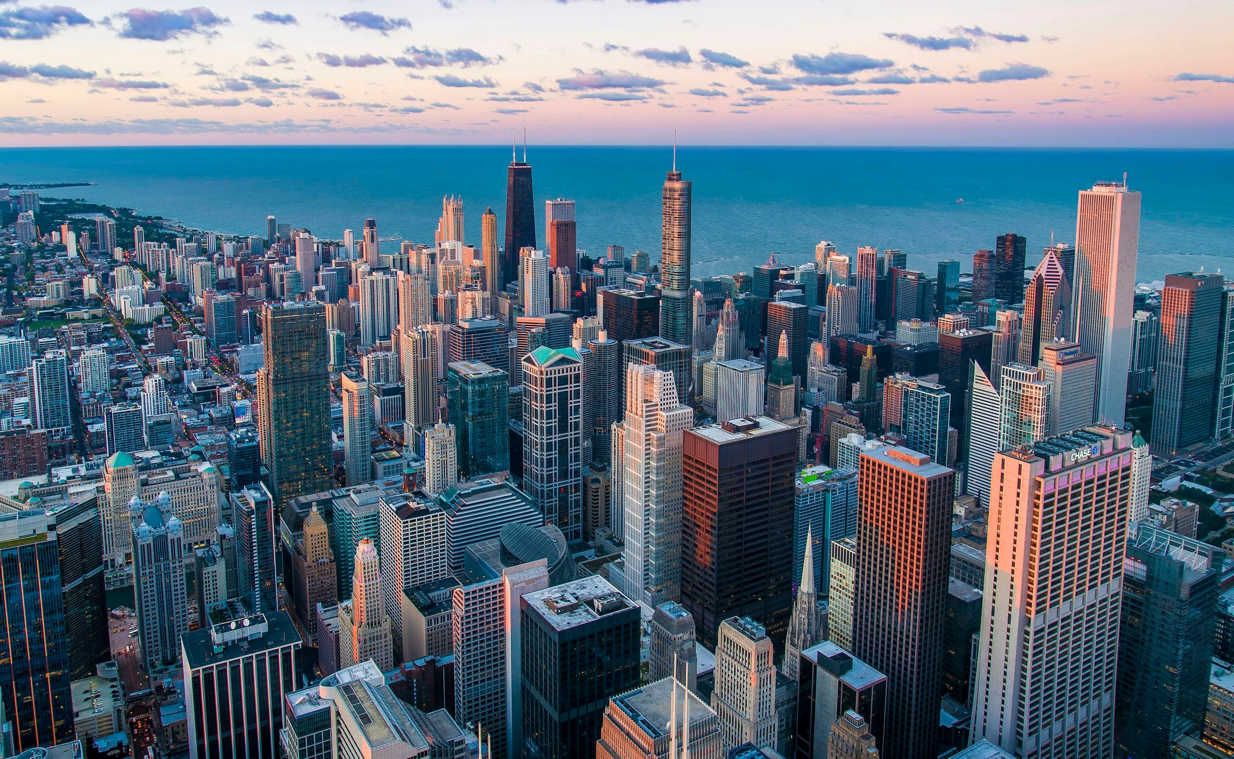 Aerial view of an international financial district